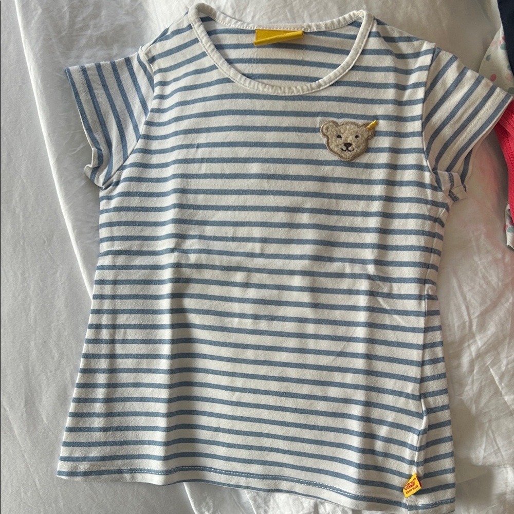 Striped Blue and White Kids Tee with Bear Accent